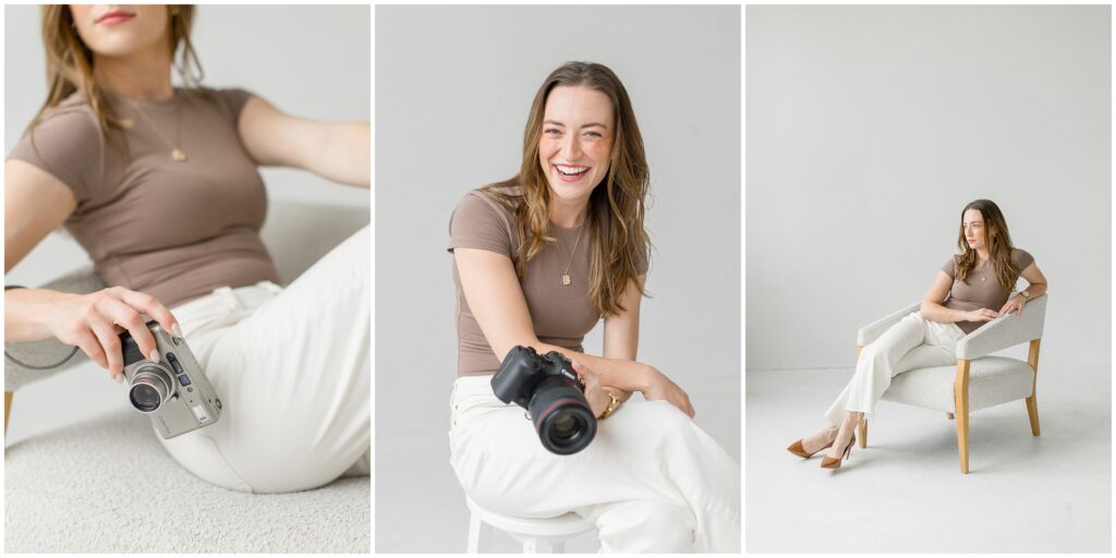 Header image (3 image collage) for milwaukee brand photography session with Sylvia Rose Photography. From left to right: close up of hand holding film camera, mid-length of Sylvia laughing toward the viewer, full length of Sylvia sitting in a chair looking to the left.